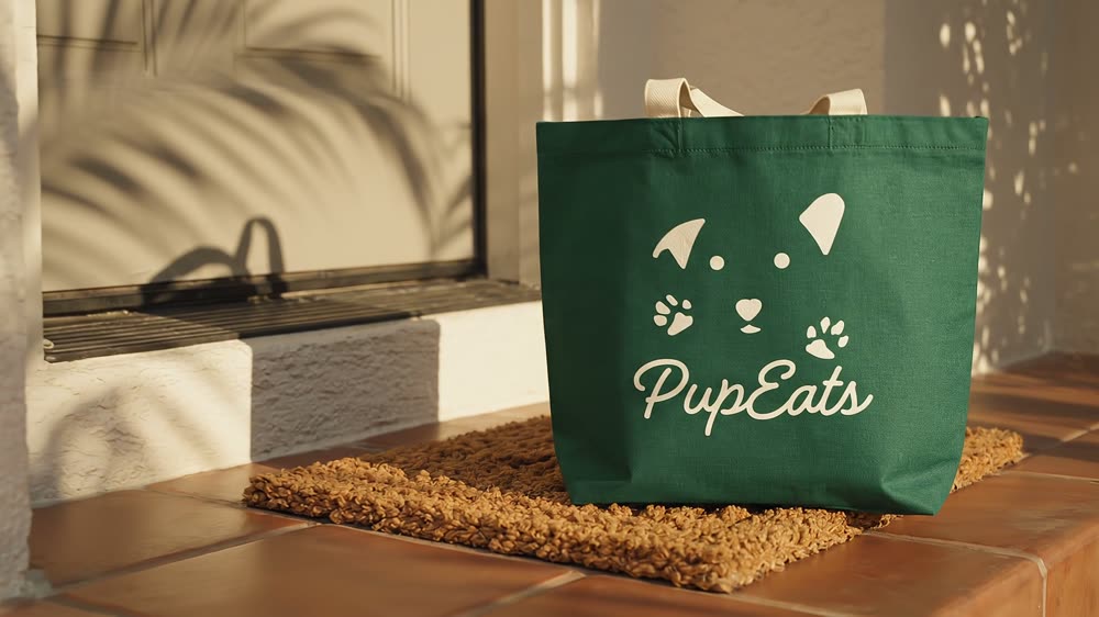 A PupEats insulated delivery bag on a doorstep